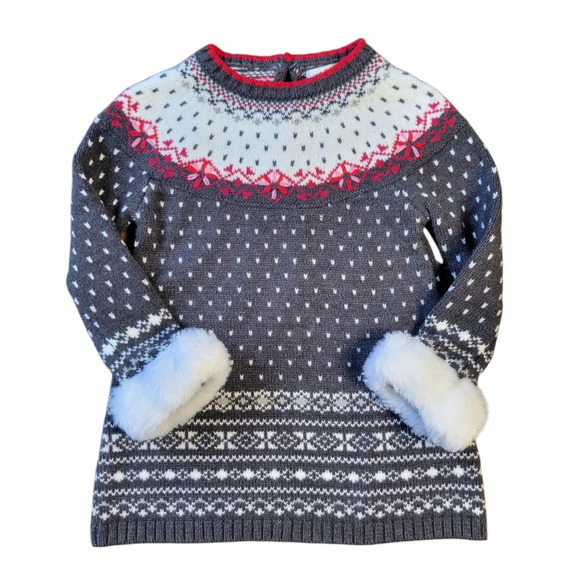 Aspen Kids Fair Isle Close-Knit Sweater Dress Faux Fur Trim Girl's Size 12 Month - Picture 1 of 10
